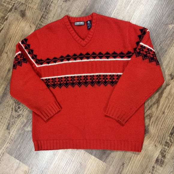 Vintage STRUCTURE 100% Pure New Sheltland Wool Sweater Men's Sz L Red V Neck - Picture 1 of 10